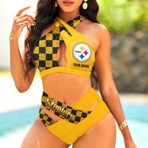 Pittsburgh Steelers Womens 2Pcs Bikini Swimsuit Criss Cross Cutout Bathing Suit St4458