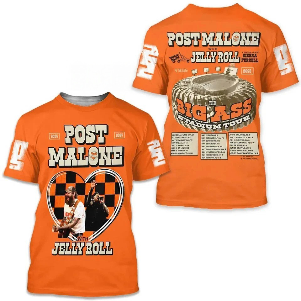 Post Malone With Jelly Roll Tour 2025 3D T Shirt Classic 3D Orage T-shirt Oregontrailrvpk Shirt