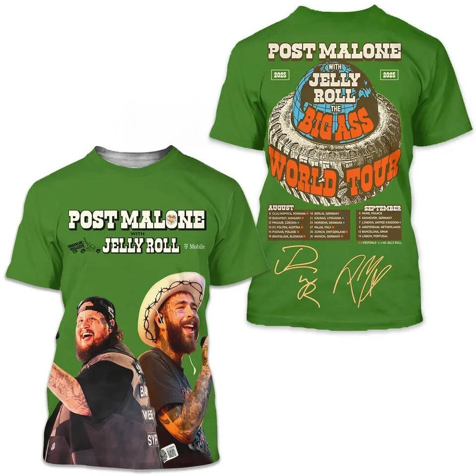 Post Malone With Jelly Roll Tour 2025 3D T Shirt Classic 3D T-shirt Oregontrailrvpk Shirt