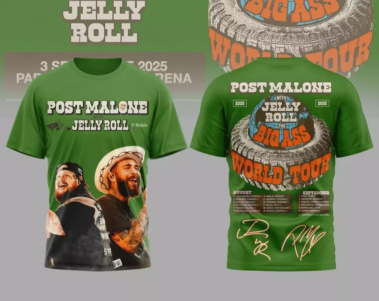 Post Malone With Jelly Roll World Tour 2025 Signature 3D T-Shirt Gift Men Women Oregontrailrvpk Shirt