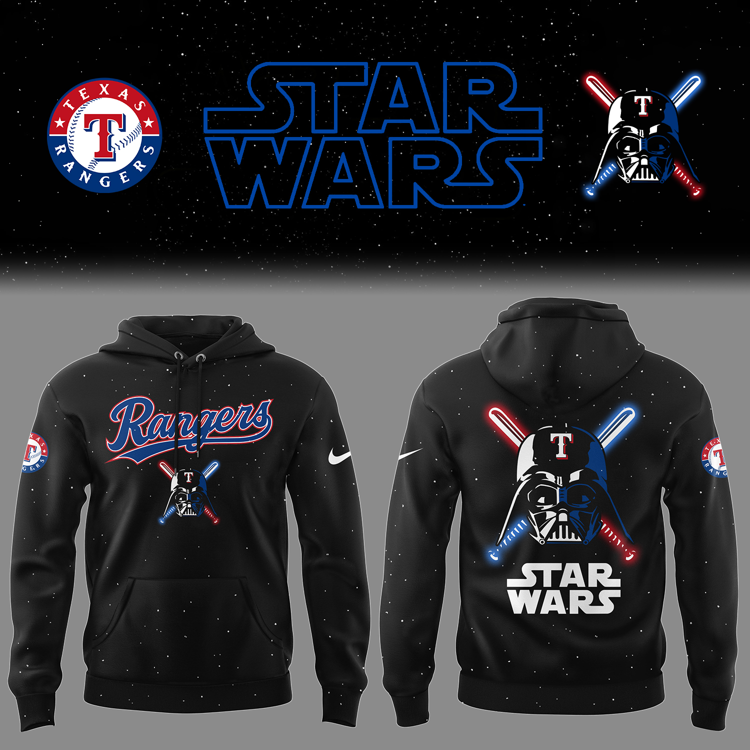 Rangers Baseball 2025 Rangers x Stars Wars Black Hoodie