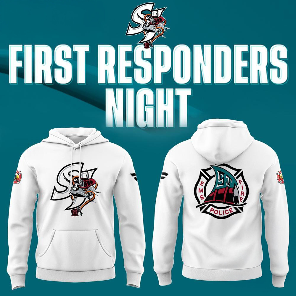 San Jose Sharks Barracuda x First Responders Night 2025 White Hoodie Gifts For Nhl Fans