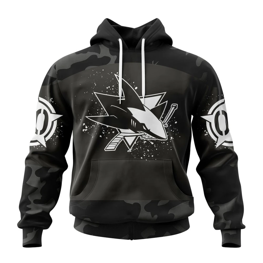 San Jose Sharks Special Black Camo Design For Veterans Day All Over Print Hoodie Style 70577