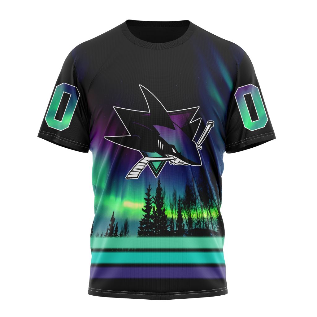 San Jose Sharks Special Design With Northern Lights Personalized Name And Number T-Shirt Oregontrailrvpk Shirt