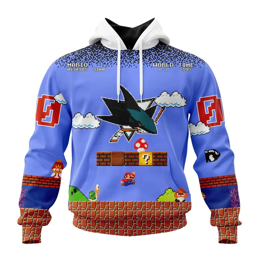San Jose Sharks Special Kits With Super Mario Game Design All Over Print Hoodie Style 92263