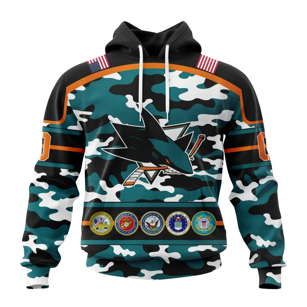 San Jose Sharks Specialized Design Wih Camo Team Color And Military Force Logo All Over Print Hoodie Style 51162