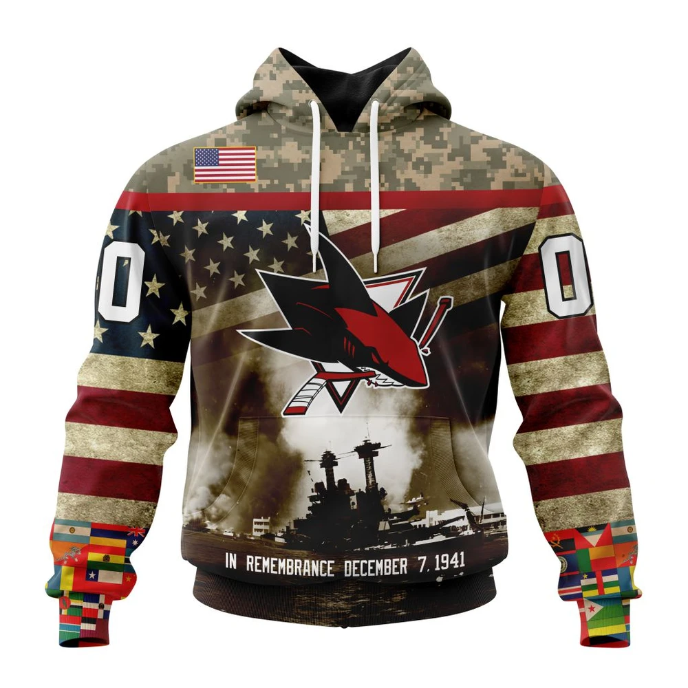 San Jose Sharks Specialized Unisex Kits Remember Pearl Harbor All Over Print Hoodie Style 62124