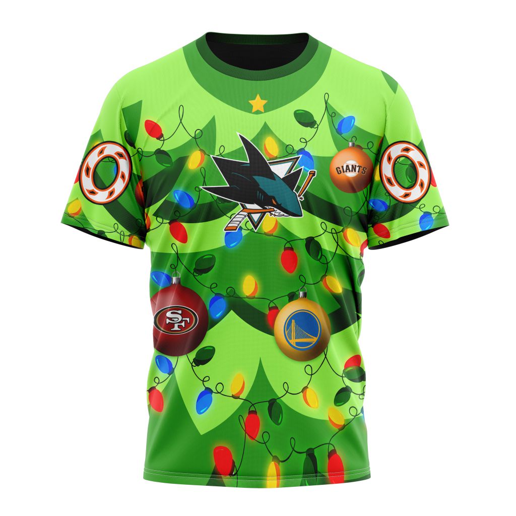 San Jose Sharks Specialized Unisex Kits With Unisex Kits With Christmass Tree Color And City's Sport Teams Personalized Name And Number T-Shirt Oregontrailrvpk Shirt