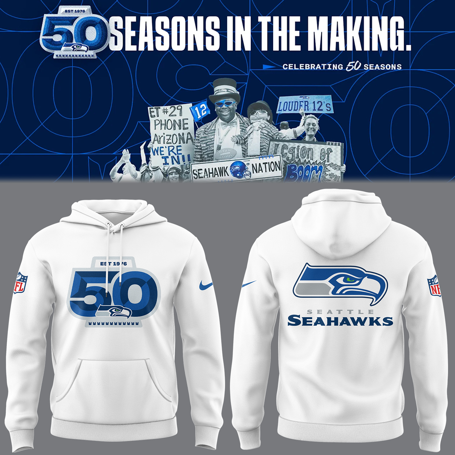 Seattle Football 50th logo White Hoodie Gifts For Football Player