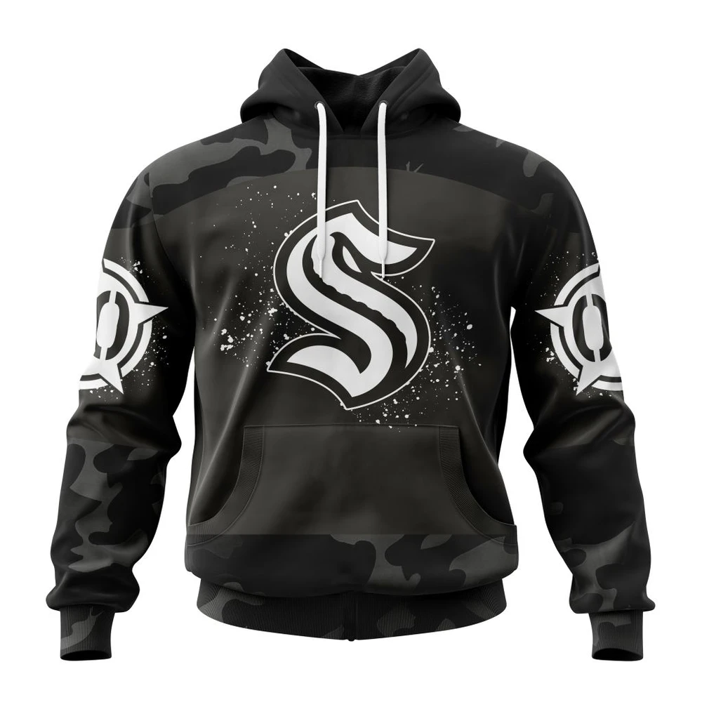 Seattle Kraken Special Black Camo Design For Veterans Day All Over Print Hoodie Style 89643