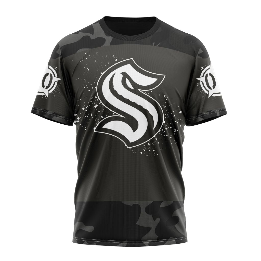 Seattle Kraken Special Black Camo Design For Veterans Day Personalized Name And Number T-Shirt Oregontrailrvpk Shirt