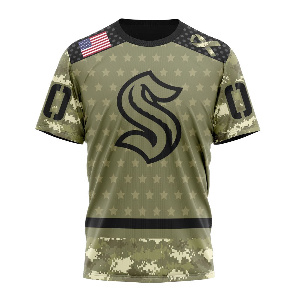 Seattle Kraken Special Camo Military Appreciation Personalized Name And Number T-Shirt Oregontrailrvpk Shirt