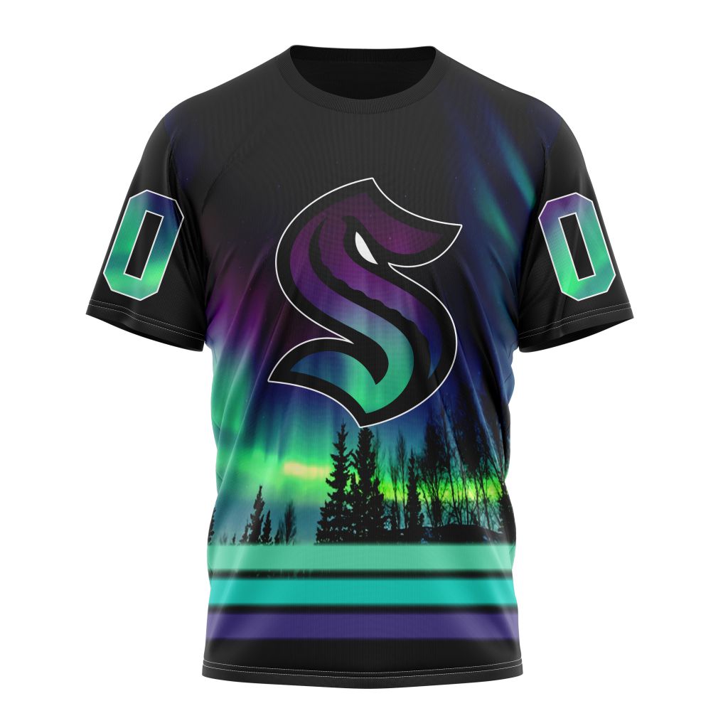 Seattle Kraken Special Design With Northern Lights Personalized Name And Number T-Shirt Oregontrailrvpk Shirt