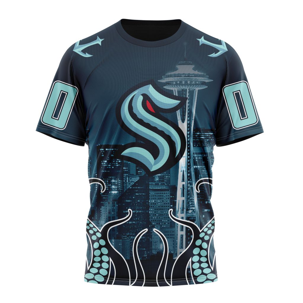 Seattle Kraken Special Design With Space Needle Personalized Name And Number T-Shirt Oregontrailrvpk Shirt
