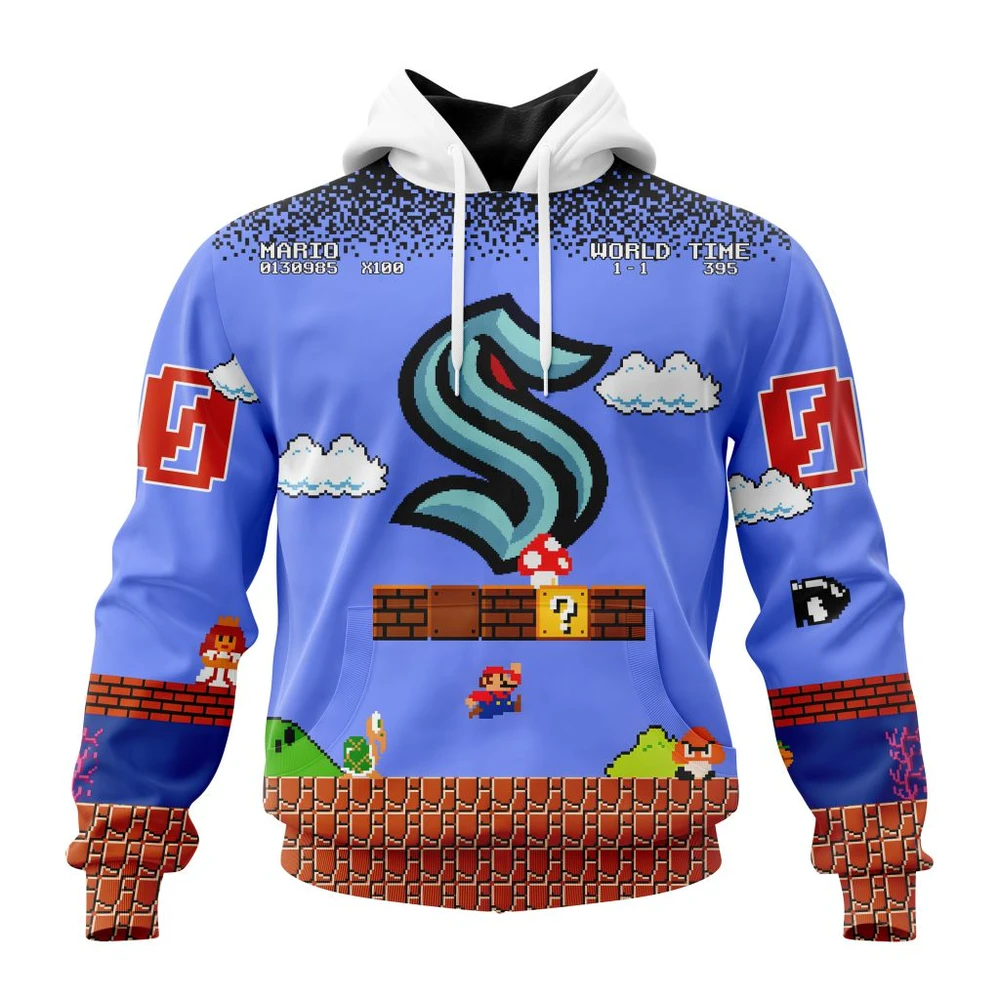 Seattle Kraken Special Kits With Super Mario Game Design All Over Print Hoodie Style 83809
