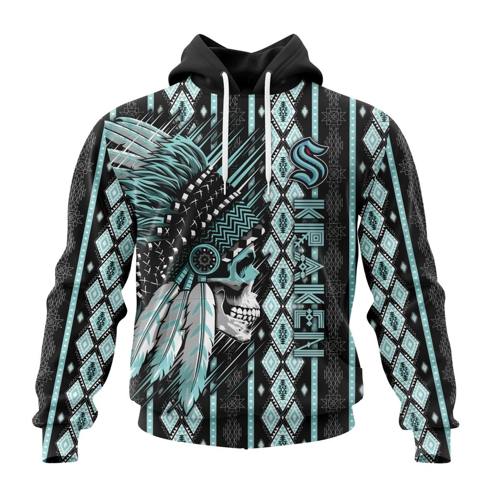 Seattle Kraken Special Skull Native Design All Over Print Hoodie Style 84005