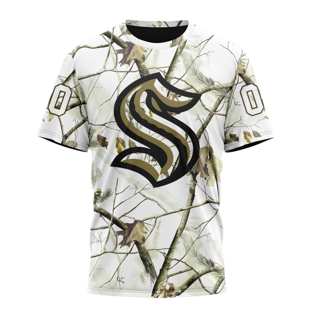 Seattle Kraken Special White Winter Hunting Camo Design Personalized Name And Number T-Shirt Oregontrailrvpk Shirt