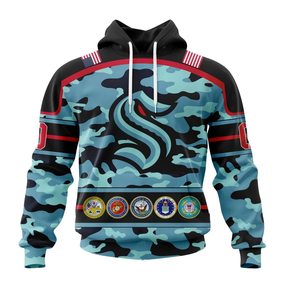 Seattle Kraken Specialized Design Wih Camo Team Color And Military Force Logo All Over Print Hoodie Style 93296