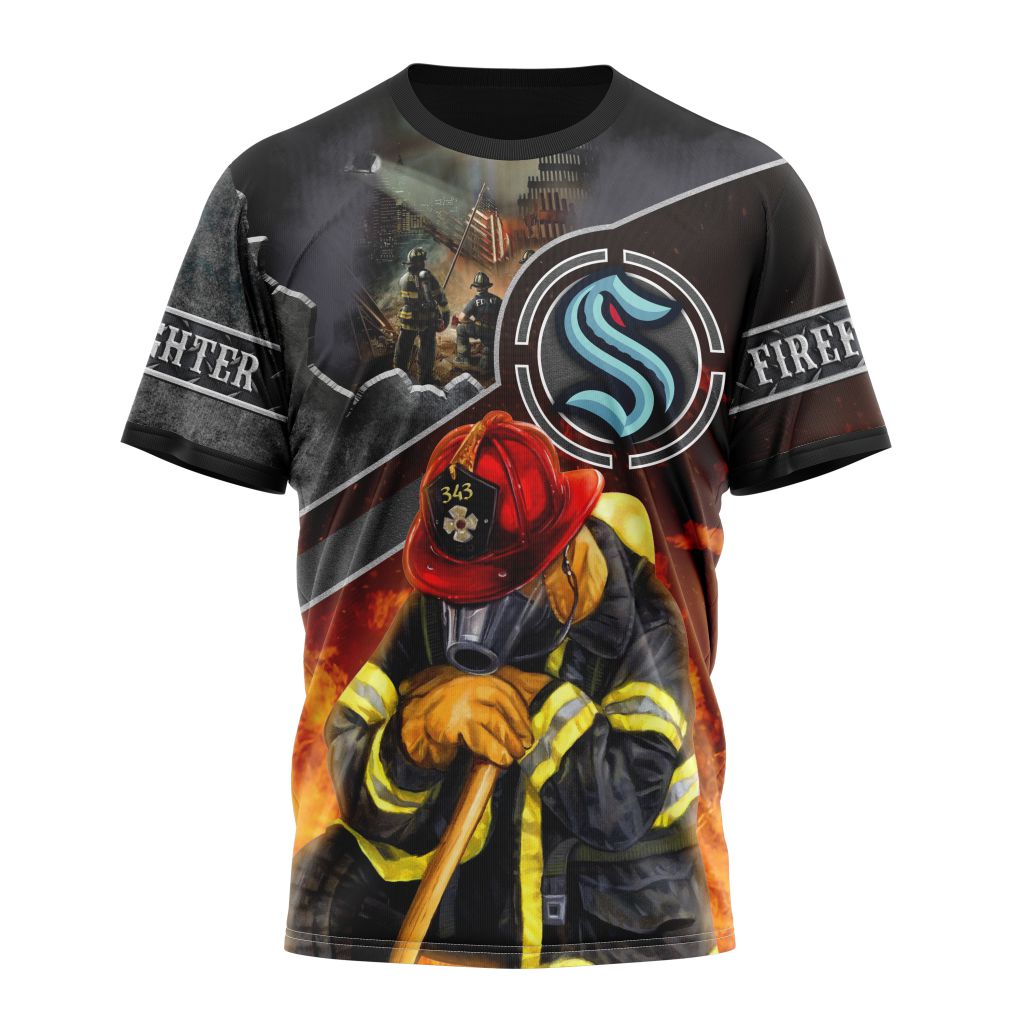 Seattle Kraken Specialized Kits To Honor FireFighter In Patriot Day We Will Never Forget Personalized Name And Number T-Shirt Oregontrailrvpk Shirt