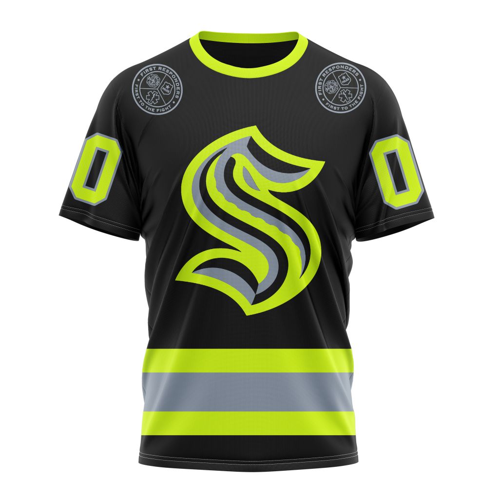 Seattle Kraken Specialized Unisex Kits With FireFighter Uniforms Color Personalized Name And Number T-Shirt Oregontrailrvpk Shirt
