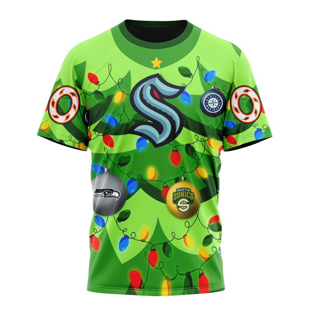 Seattle Kraken Specialized Unisex Kits With Unisex Kits With Christmass Tree Color And City's Sport Teams Personalized Name And Number T-Shirt Oregontrailrvpk Shirt