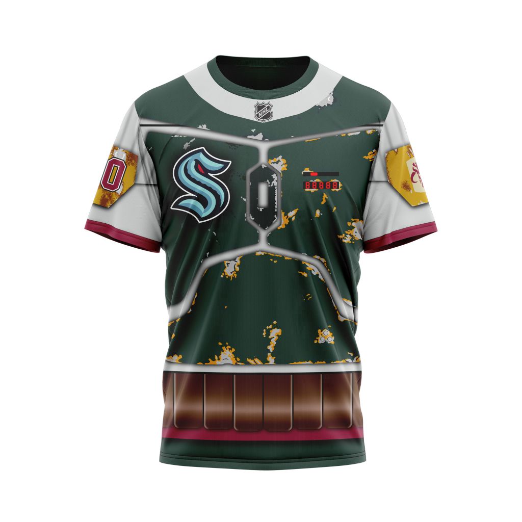 Seattle Kraken X Boba Fett's Armor Specialized Design For Star Wars Fourth Of July Personalized Name And Number T-Shirt Oregontrailrvpk Shirt