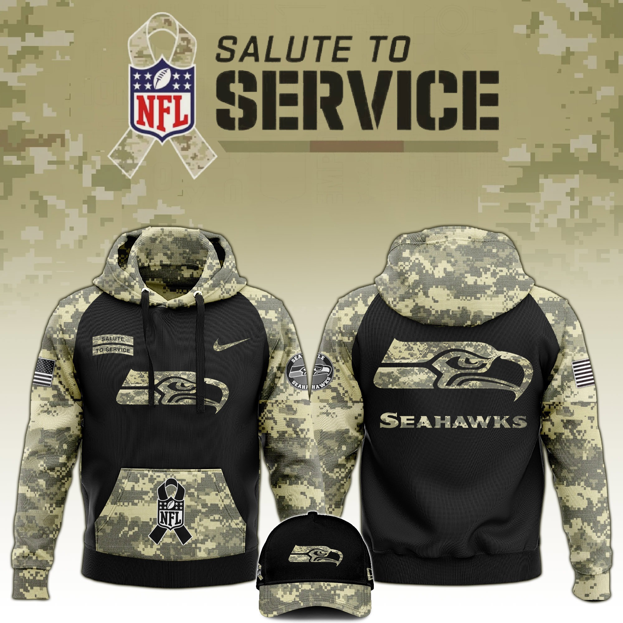 Seattle Seahawks Salute to Service Club Limited Camo Hoodie And Hat Gift For Seahawks Fans