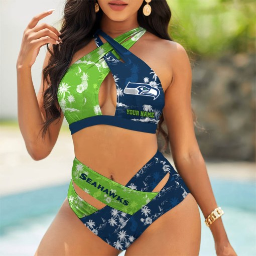 Seattle Seahawks Womens 2Pcs Bikini Swimsuit Criss Cross Cutout Bathing Suit St4733