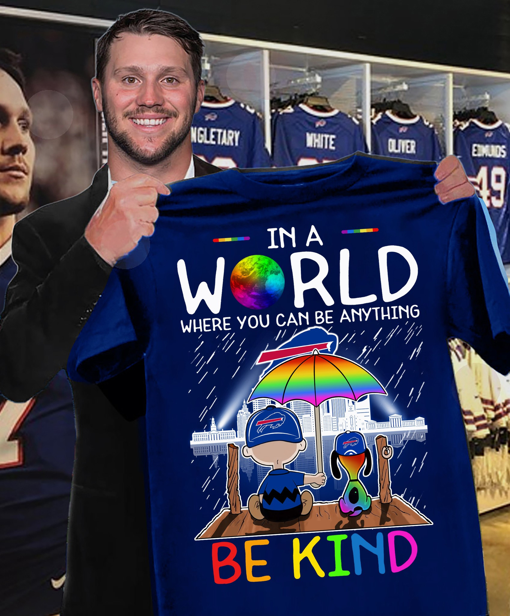 Snoopy In A World Where You Can Be Anything Be Kind Buffalo Bills T-Shirt Football Oregontrailrvpk Shirt