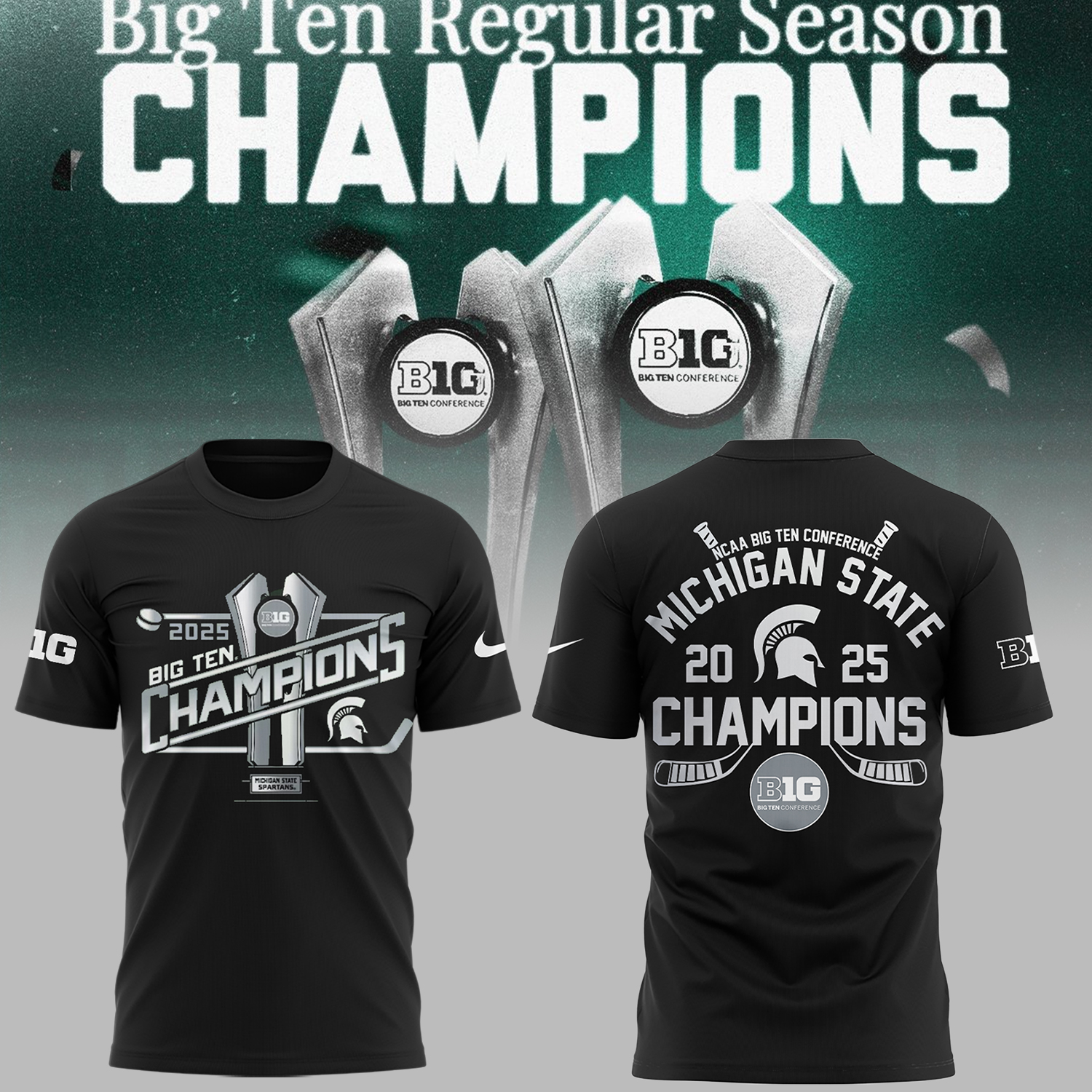 Spartans Men's Ice Hockey Big10 Conference Champions 2025 Black T-Shirt Best Gifts For Hockey Players Oregontrailrvpk Shirt