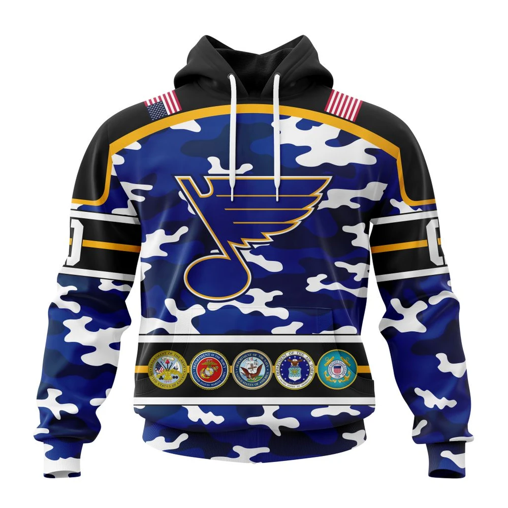 St. Louis Blues Specialized Design Wih Camo Team Color And Military Force Logo All Over Print Hoodie Style 43088