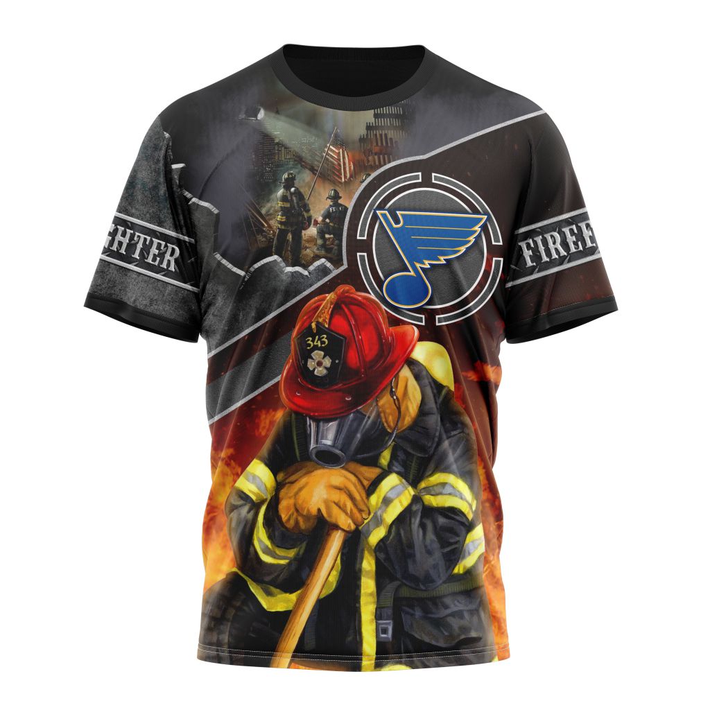St. Louis Blues Specialized Kits To Honor FireFighter In Patriot Day We Will Never Forget Personalized Name And Number T-Shirt Oregontrailrvpk Shirt