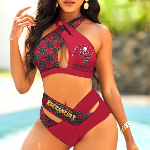 Tampa Bay Buccaneers Womens 2Pcs Bikini Swimsuit Criss Cross Cutout Bathing Suit St4294