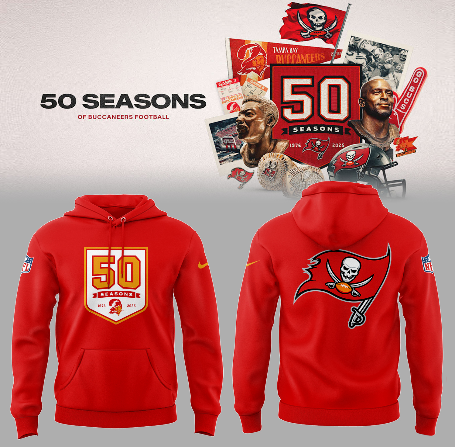 Tampa Bay Football 50 Seasons Logo Red Hoodie Gifts To Give Football Players