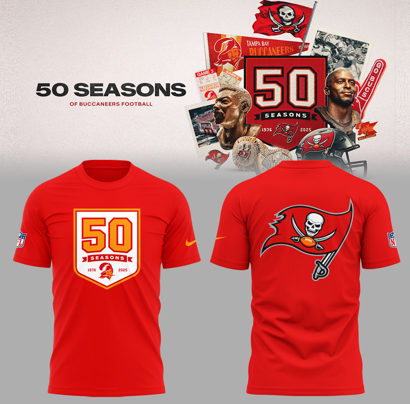 Tampa Bay Football 50 Seasons Logo Red T-Shirt Presents For Football Players Oregontrailrvpk Shirt