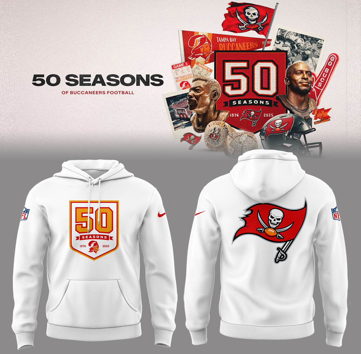 Tampa Bay Football 50 Seasons Logo White Hoodie Gift Ideas For Football Players
