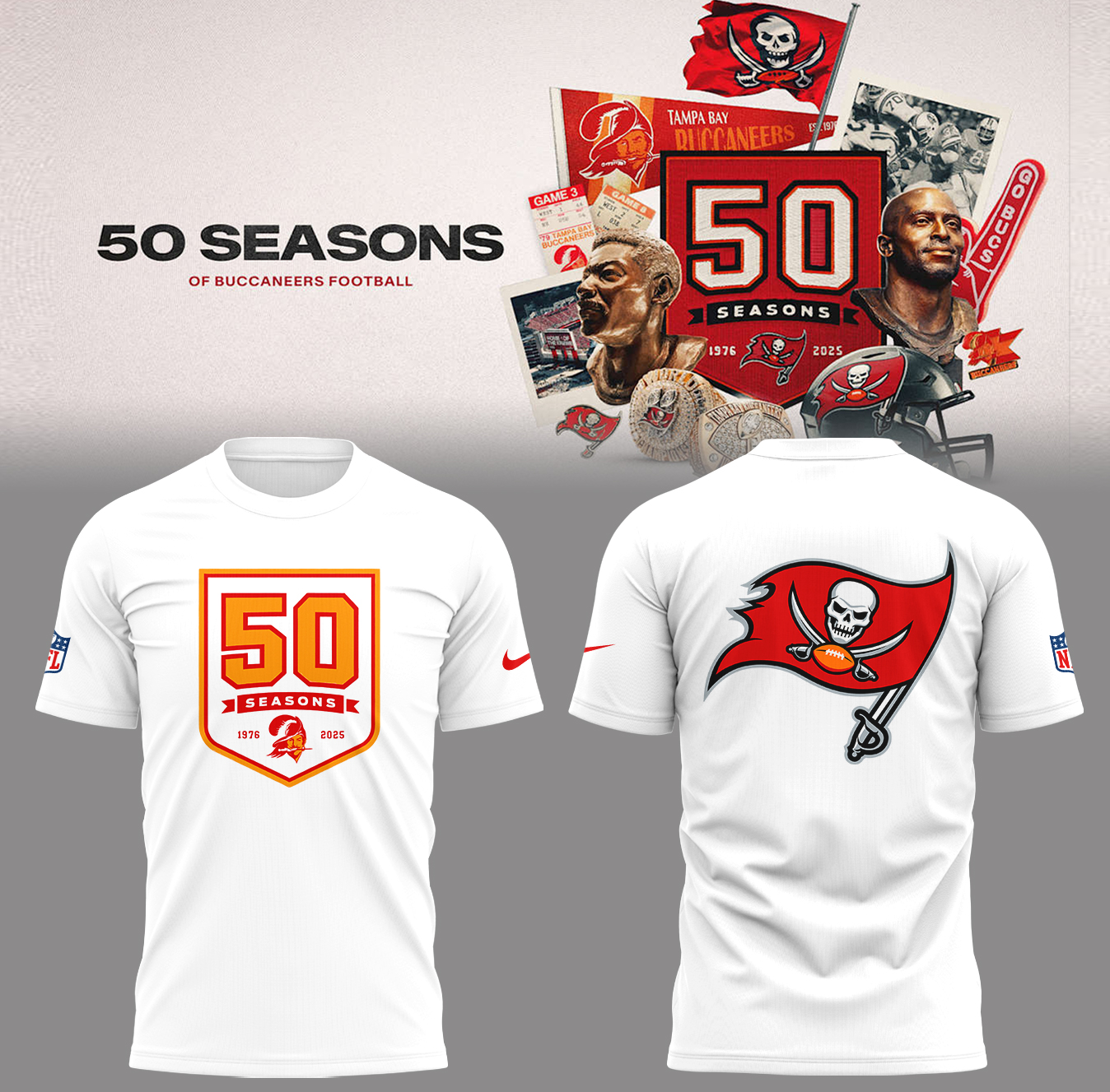 Tampa Bay Football 50 Seasons Logo White T-Shirt For Football Player Oregontrailrvpk Shirt