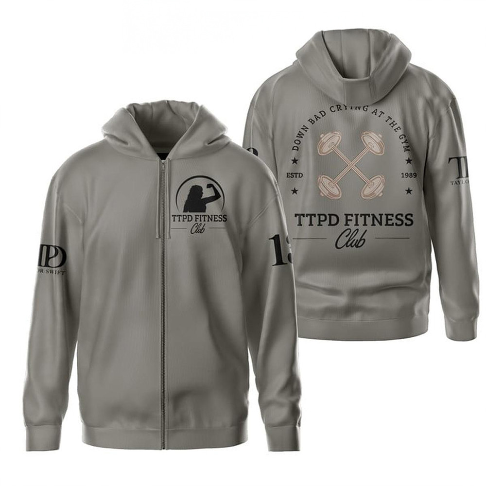 Taylor Swift Down Bad Crying At The Gym Zip Hoodie TTPD Fitness Club Fan Hoodie Swifties Gifts