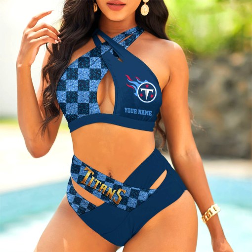 Tennessee Titans Womens 2Pcs Bikini Swimsuit Criss Cross Cutout Bathing Suit St2593