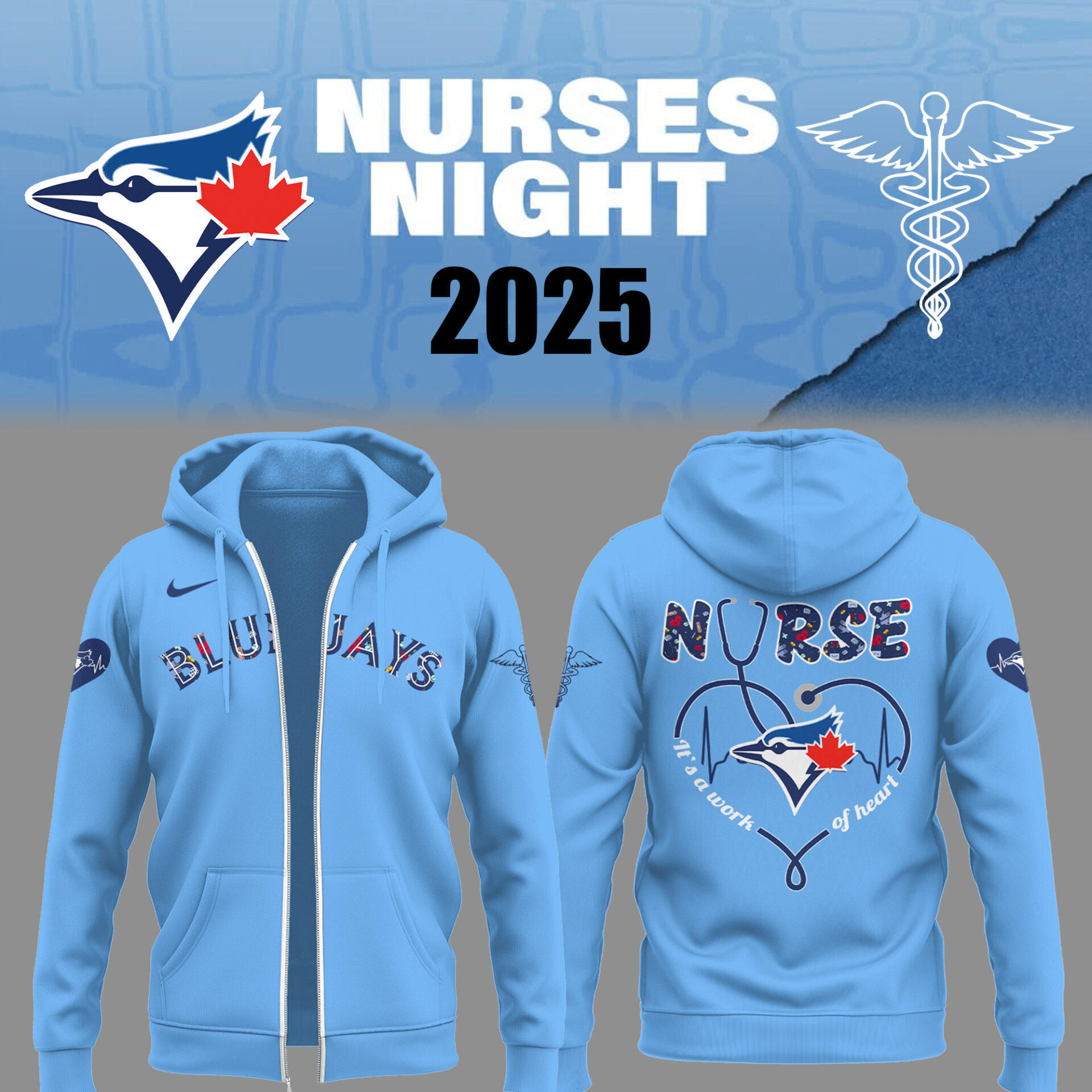 Toronto Blue Jays Baseball Nurses Night Blue Zip Hoodie Baseball Coach Gift Ideas
