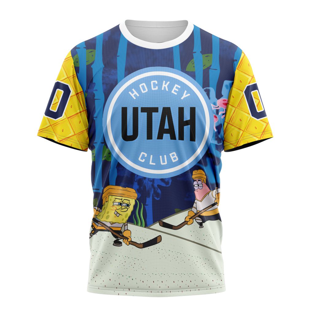 Utah Hockey Club Special SpongeBob SquarePants Design 01 Personalized Name And Number T-Shirt Oregontrailrvpk Shirt