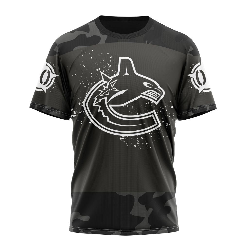 Vancouver Canucks Special Black Camo Design For Veterans Day Personalized Name And Number T-Shirt Oregontrailrvpk Shirt