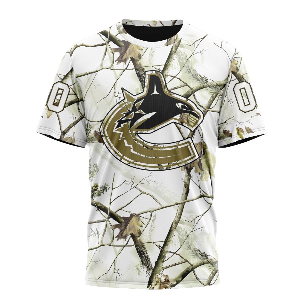 Vancouver Canucks Special White Winter Hunting Camo Design Personalized Name And Number T-Shirt Oregontrailrvpk Shirt