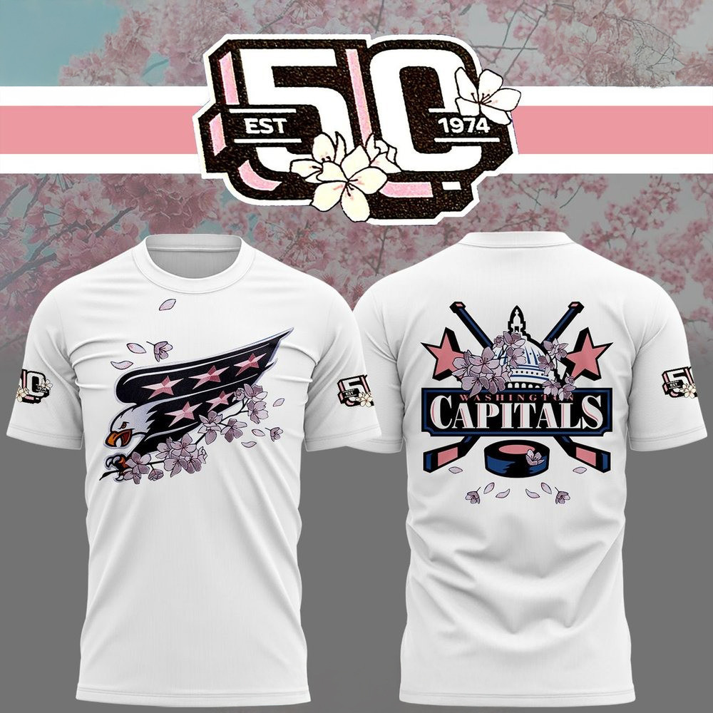 Washington Capitals 50th Anniversary Cherry Blossom White T-Shirt Ice Hockey Oregontrailrvpk Shirt