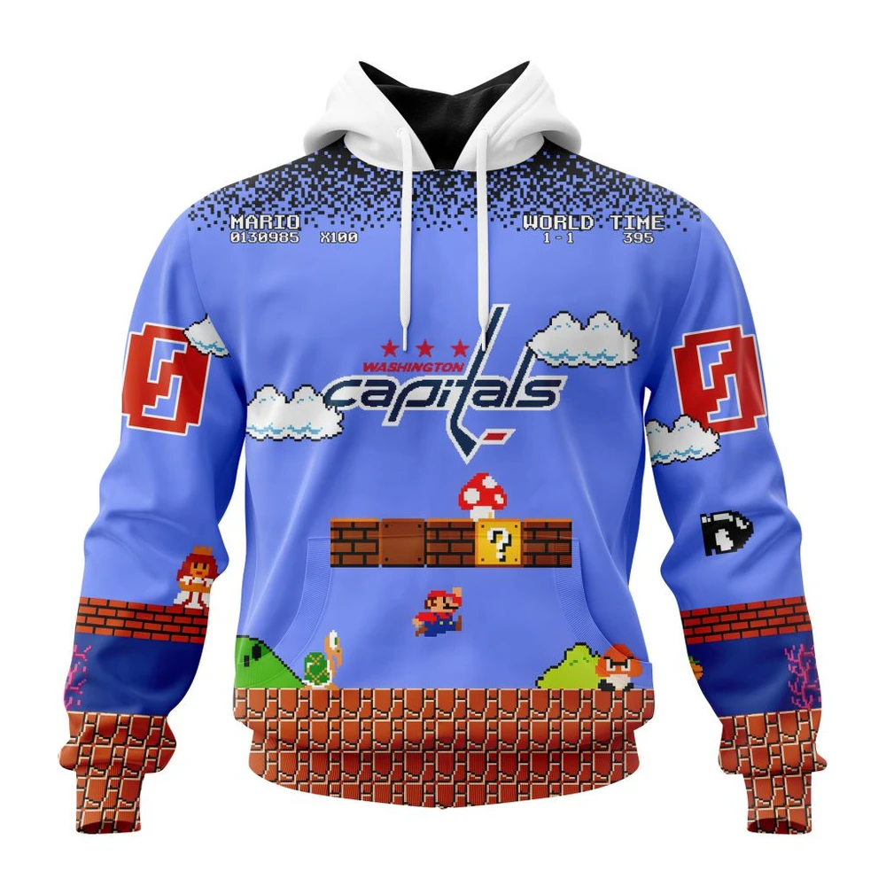 Washington Capitals Special Kits With Super Mario Game Design All Over Print Hoodie Style 52182