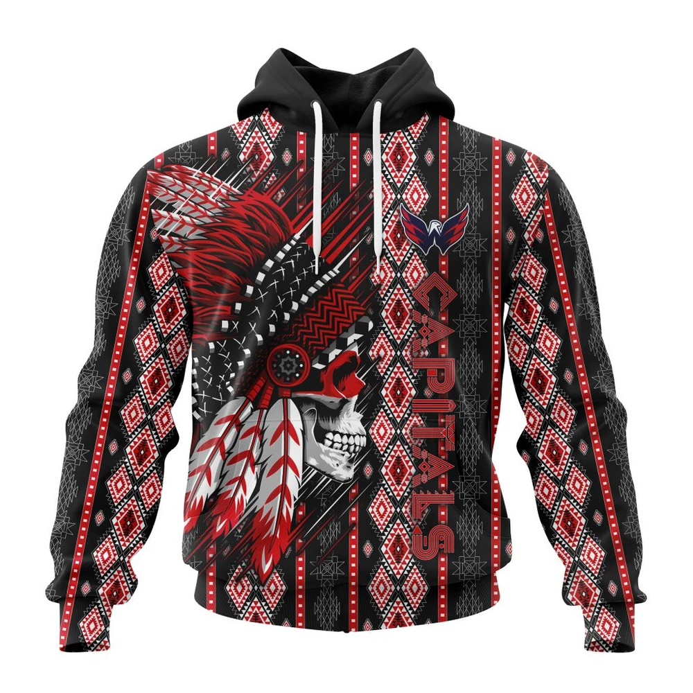Washington Capitals Special Skull Native Design All Over Print Hoodie Style 46824
