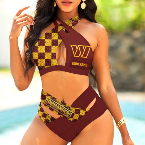Washington Commanders Womens 2Pcs Bikini Swimsuit Criss Cross Cutout Bathing Suit St9274
