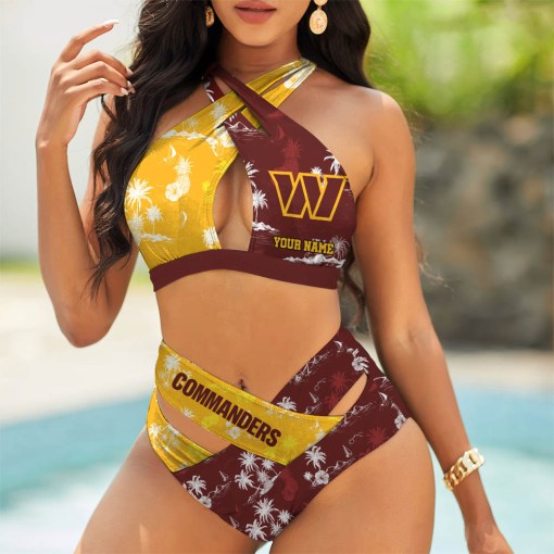 Washington Commanders Womens 2Pcs Bikini Swimsuit Criss Cross Cutout Bathing Suit St9539