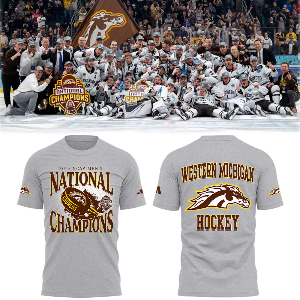 Western Michigan Broncos Champion 2025 National Mens Hockey Champions T-Shirt Best Ice Hockey Presents Oregontrailrvpk Shirt