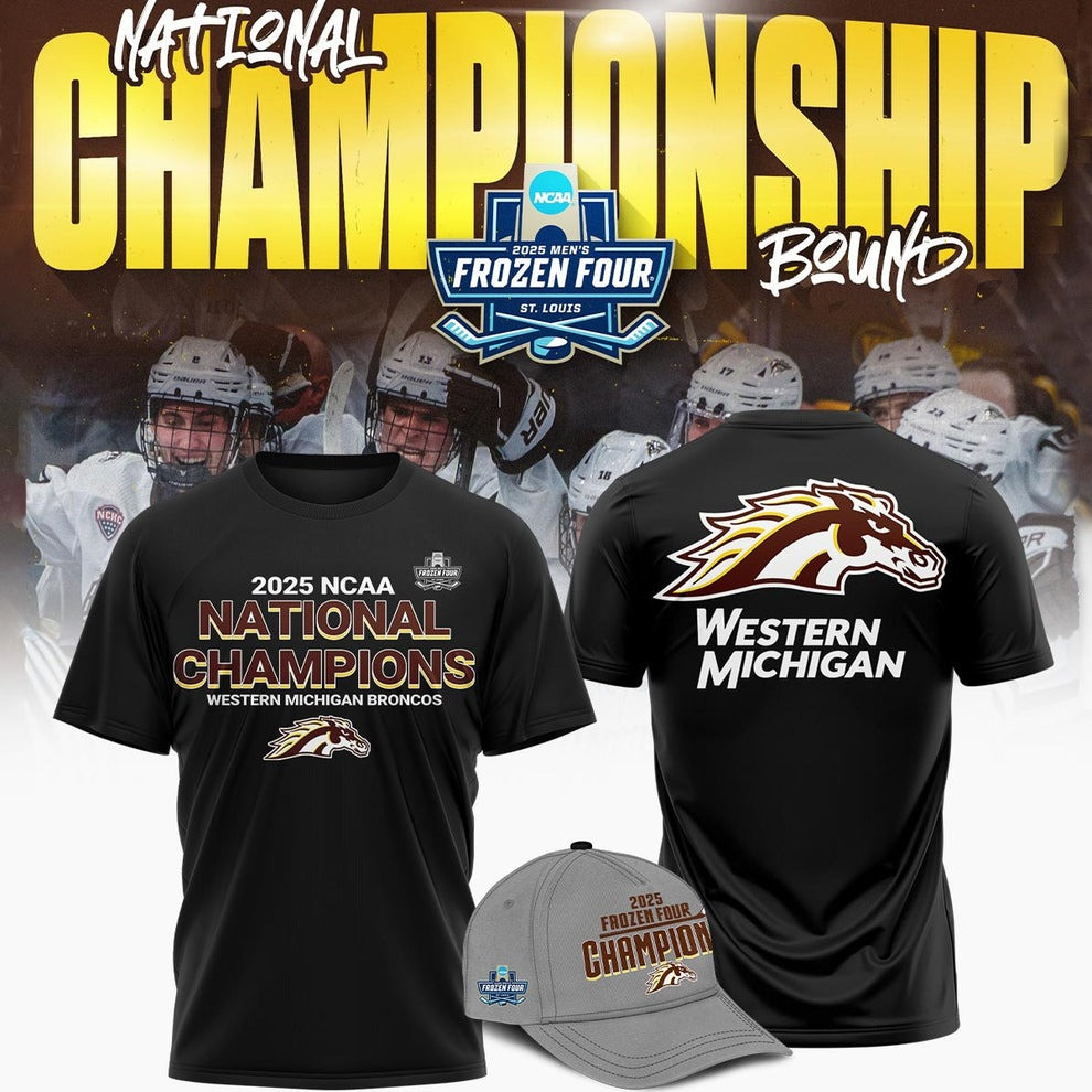 Western Michigan Broncos National Champions 2025 Shirt And Hat Hockey Frozen Four Fan Merch Oregontrailrvpk Shirt